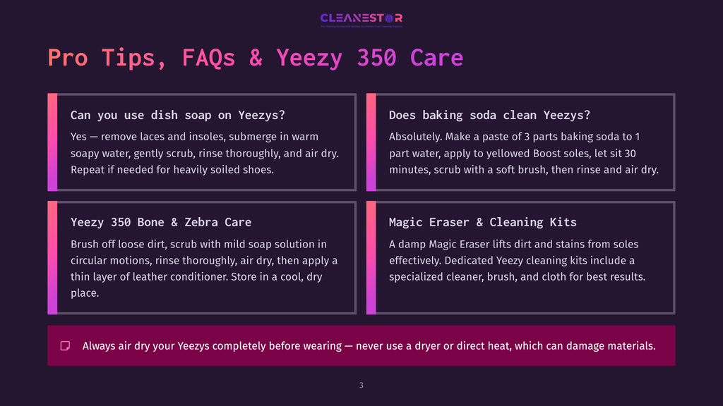Pro Tips, Faqs &Amp; Yeezy 350 Care: Learn How To Clean Yeezy 350S Using Dish Soap, Baking Soda, And Magic Erasers. Includes Tips For Leather Conditioner And Air Drying.