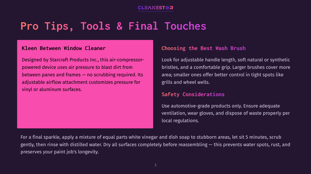Purple And Pink Graphic With Text &Quot;Pro Tips, Tools &Amp; Final Touches&Quot;, &Quot;Kleen Between Window Cleaner&Quot;, And &Quot;Choosing The Best Wash Brush&Quot;.
