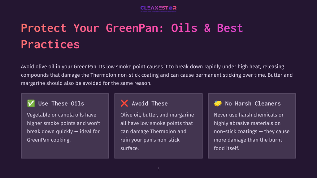 Infographic Titled &Quot;Protect Your Greenpan: Oils &Amp; Best Practices&Quot; With Three Columns: &Quot;Use These Oils,&Quot; &Quot;Avoid These,&Quot; And &Quot;No Harsh Cleaners,&Quot; Offering Cooking Advice For Greenpan Cookware.