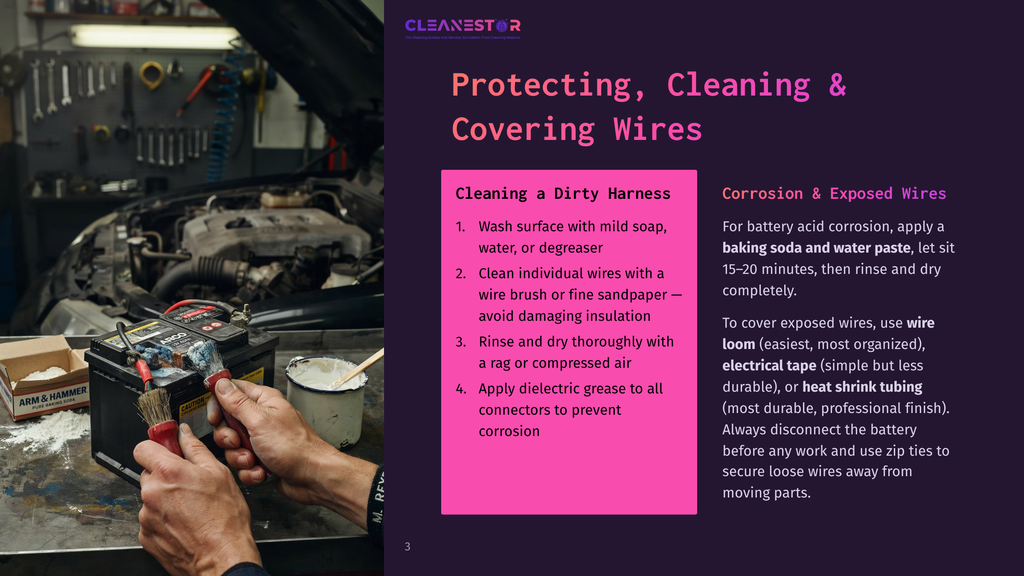 Cleanestor Graphic With Text: &Quot;Protecting, Cleaning &Amp; Covering Wires.&Quot; Left Side Shows Hands Cleaning A Car Battery With A Brush And White Cloth.