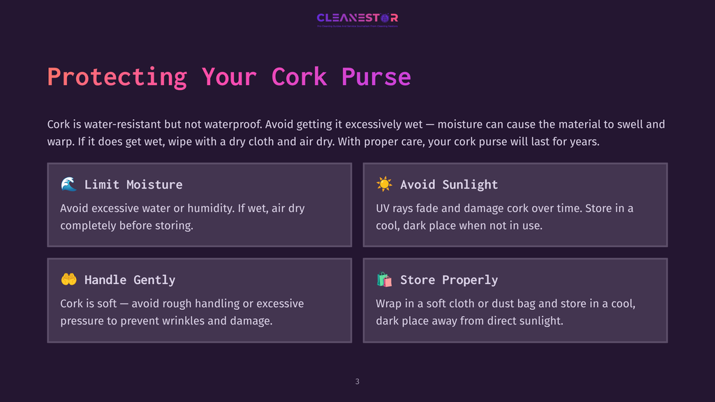 Infographic With The Title &Quot;Protecting Your Cork Purse&Quot; Offering Tips On Care: Limit Moisture, Avoid Sunlight, Handle Gently, And Store Properly. The Background Is Dark Purple.