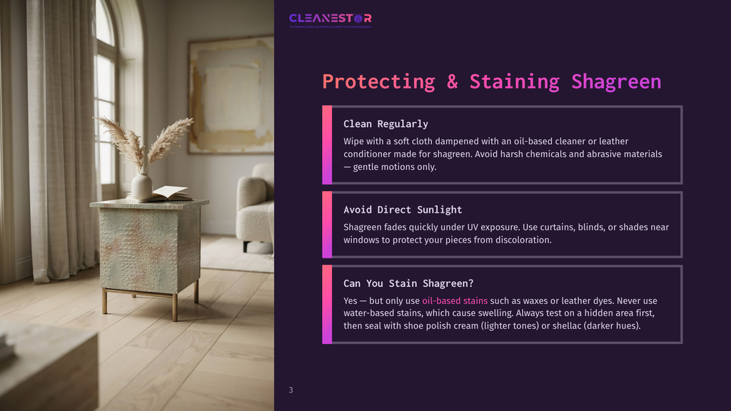 Cleanestor Protecting &Amp; Staining Shagreen: A Decorative Shagreen-Covered Side Table With A Textured, Mosaic-Like Finish Stands Beside A Window, Adorned With Dried Pampas Grass In A Vase. The Room Is Softly Lit, Creating A Serene And Elegant Atmosphere.