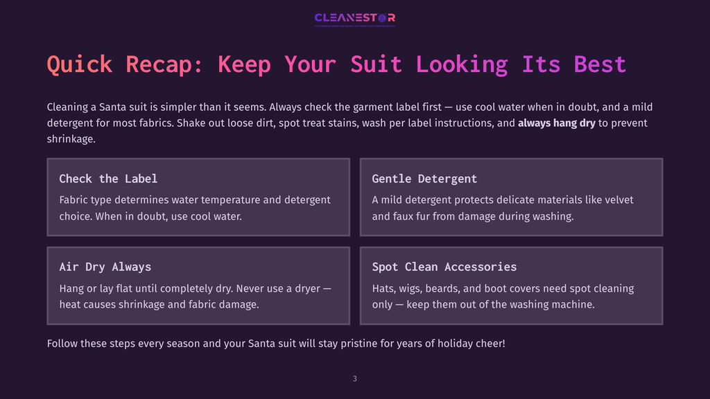 A Dark Purple Background With A White And Pink Cleanestor Logo At The Top. Below The Logo, Large White Text Reads &Quot;Quick Recap: Keep Your Suit Looking Its Best&Quot;. Four White Boxes With Rounded Corners Contain Text About Cleaning And Caring For A Santa Suit, Including Tips On Checking The Label, Using Gentle Detergent, Air Drying, And Cleaning Accessories.