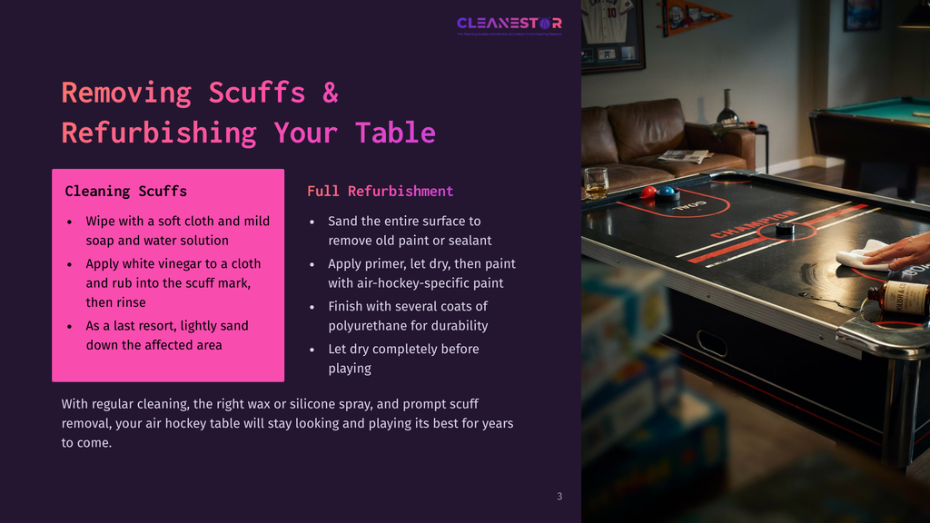 A Person'S Hands Are Shown Cleaning A Large, Black Air Hockey Table With A White Cloth And Spray Bottle. The Table Has &Quot;Champion&Quot; Prominently Displayed, And The Text &Quot;Removing Scuffs &Amp; Refurbishing Your Table&Quot; Is Visible On The Left.