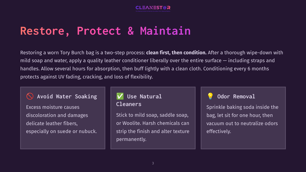 Illustration Detailing How To Restore, Protect, And Maintain A Leather Handbag: Avoid Water Soaking, Use Natural Cleaners, And Odor Removal With Baking Soda.