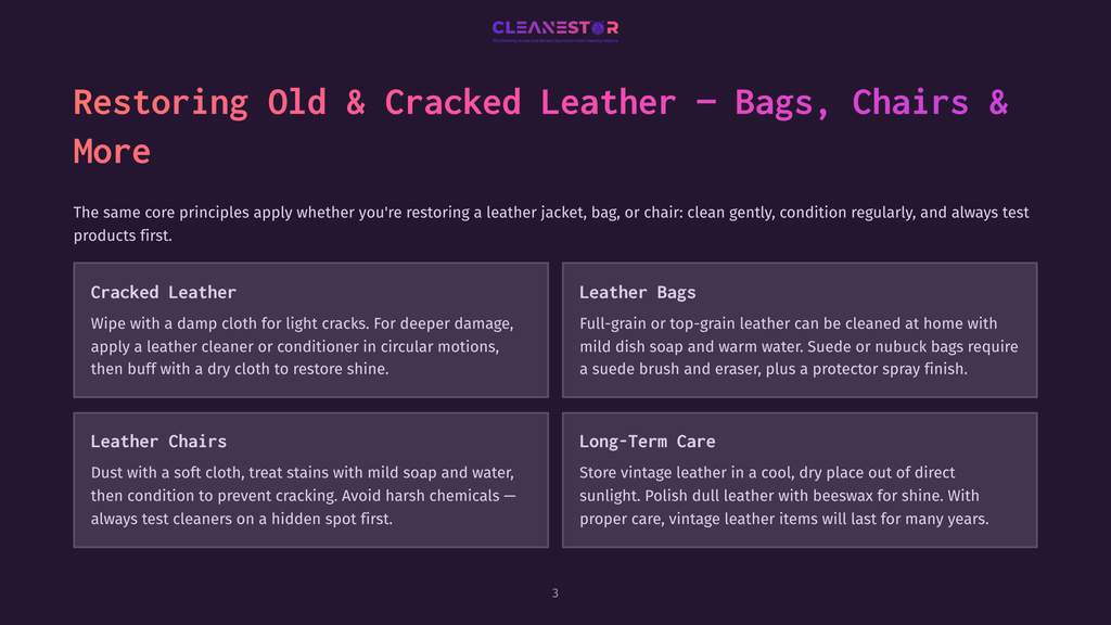 Cleanestor Logo With Text: &Quot;Restoring Old &Amp; Cracked Leather - Bags, Chairs &Amp; More&Quot;. Below Are Four Sections Detailing Leather Care For Cracked Leather, Bags, Chairs, And Long-Term Care.