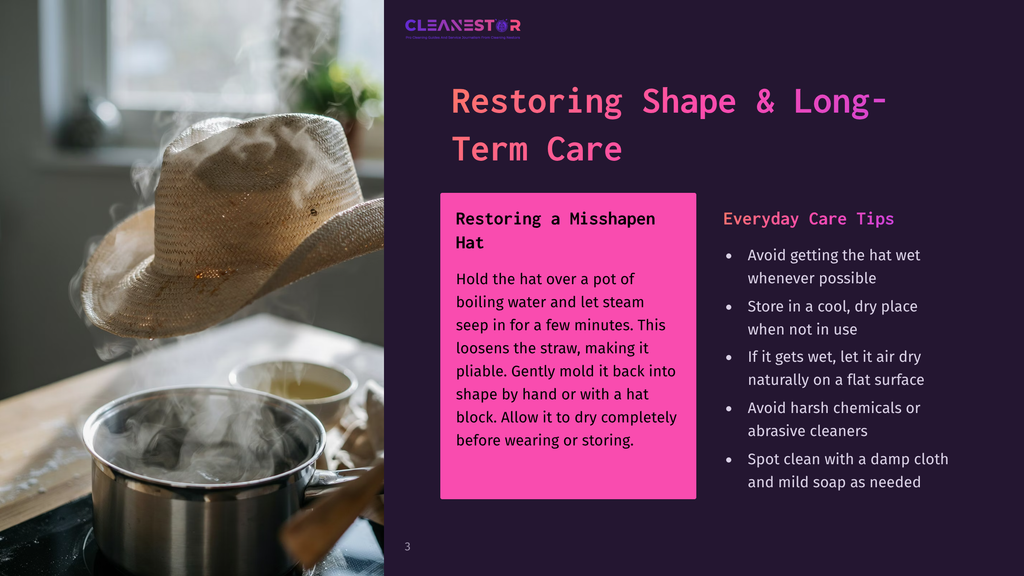 A Straw Hat Is Being Restored Over A Pot Of Steaming Water, With Text Overlay &Quot;Restoring A Misshapen Hat&Quot; And &Quot;Everyday Care Tips&Quot; From Cleanestor.