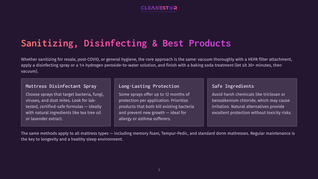 Cleanestor Logo Above Text Detailing Sanitizing, Disinfecting, And Best Products For Mattresses, Including Safe Ingredients And Long-Lasting Protection.