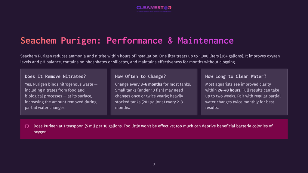 Seachem Purigen: Performance &Amp; Maintenance Page. Sections Include: Does It Remove Nitrates?, How Often To Change?, How Long To Clear Water?, And Dose Purigen At 1 Teaspoon (5 Ml) Per 10 Gallons.