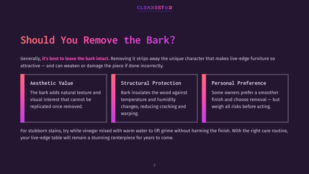 Should You Remove The Bark? Infographic Explaining The Pros And Cons Of Leaving Bark On Live-Edge Furniture: Aesthetic Value, Structural Protection, And Personal Preference.
