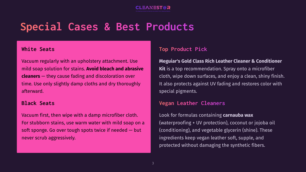 A Pink And Dark Purple Graphic With Text About Cleaning White And Black Seats, And A Top Product Pick For Leather Cleaner. The Graphic Includes The Cleanestor Logo.