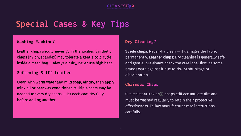 A Dark Purple Background With The Text &Quot;Cleanestor&Quot; At The Top. The Left Side Has A Pink Rectangle With Text About Washing And Softening Leather Chaps, While The Right Side Has Text About Dry Cleaning Suede And Leather Chaps, And Chainsaw Chaps.