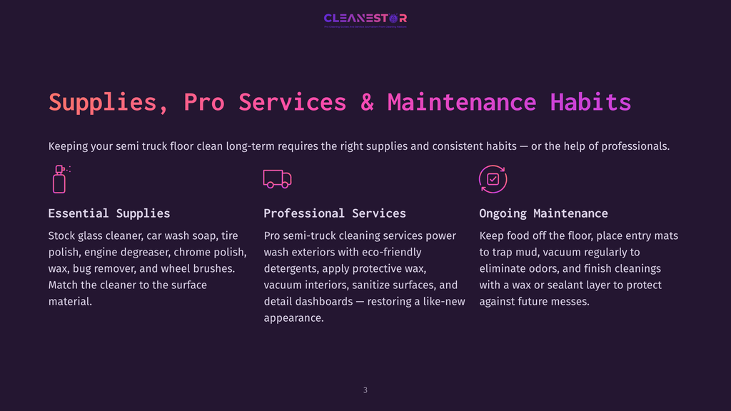 A Dark Purple Background With The Cleanestor Logo At The Top. Below Are Three Sections: &Quot;Essential Supplies,&Quot; &Quot;Professional Services,&Quot; And &Quot;Ongoing Maintenance,&Quot; Each With An Icon And Descriptive Text About Truck Floor Cleaning.