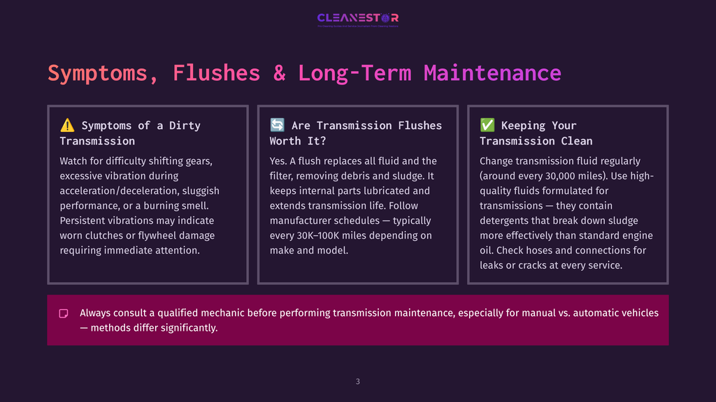 Infographic Outlining Transmission Maintenance: Symptoms Of Dirty Transmission, Are Transmission Flushes Worth It?, And Keeping Your Transmission Clean. Text Details Common Issues, Benefits Of Flushes, And Maintenance Tips.