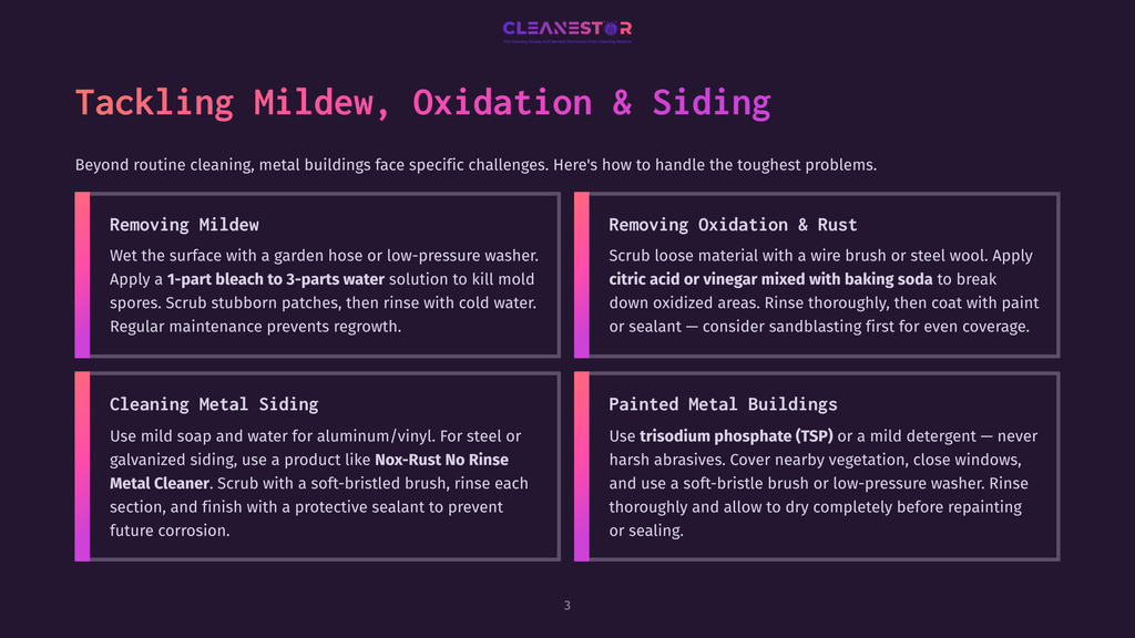 A Graphic Titled &Quot;Tackling Mildew, Oxidation &Amp; Siding&Quot; With Four Panels Detailing Cleaning Methods For Metal Buildings: Removing Mildew, Removing Oxidation &Amp; Rust, Cleaning Metal Siding, And Painted Metal Buildings.