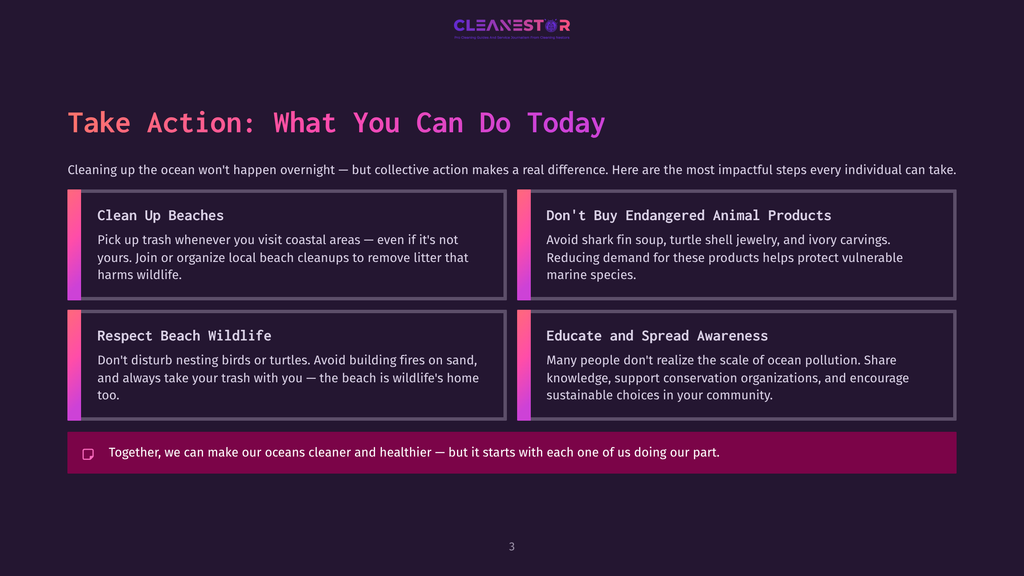Infographic Titled &Quot;Take Action: You Can Do Today&Quot; With Four Panels Offering Advice On Ocean Conservation: Clean Up Beaches, Don'T Buy Endangered Animal Products, Respect Beach Wildlife, And Educate And Spread Awareness. The Bottom Of The Infographic States, &Quot;Together, We Can Make Our Oceans Cleaner And Healthier – But It Starts With Each One Of Us Doing Our Part.
