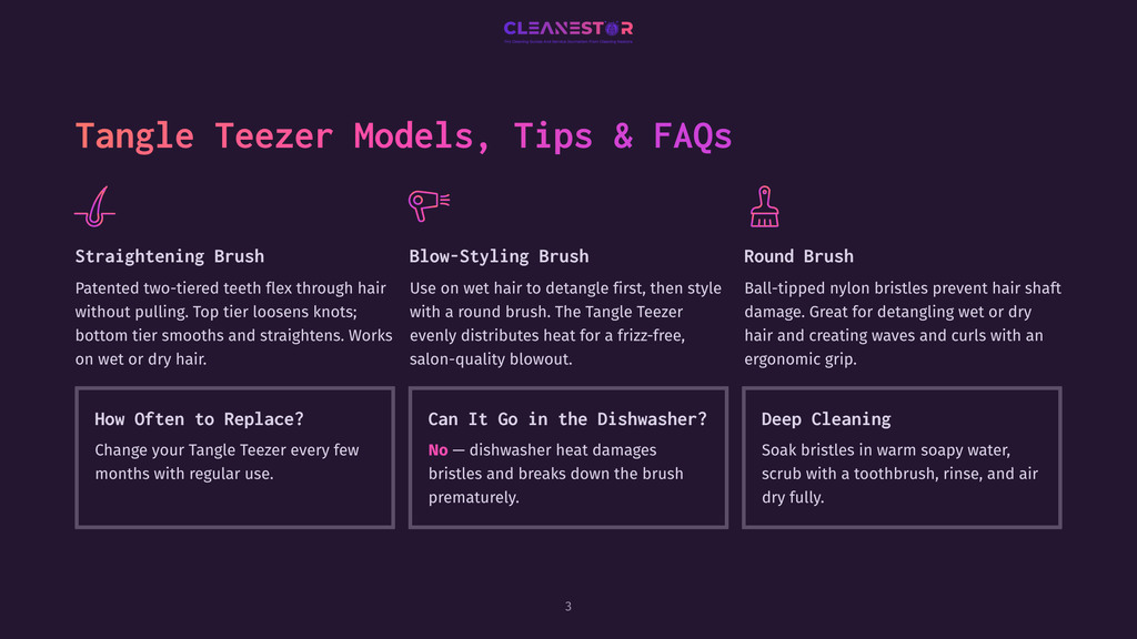 Cleanestor Tangle Teezer Models: Straightening Brush, Blow-Styling Brush, And Round Brush, With Faqs On Usage And Cleaning.
