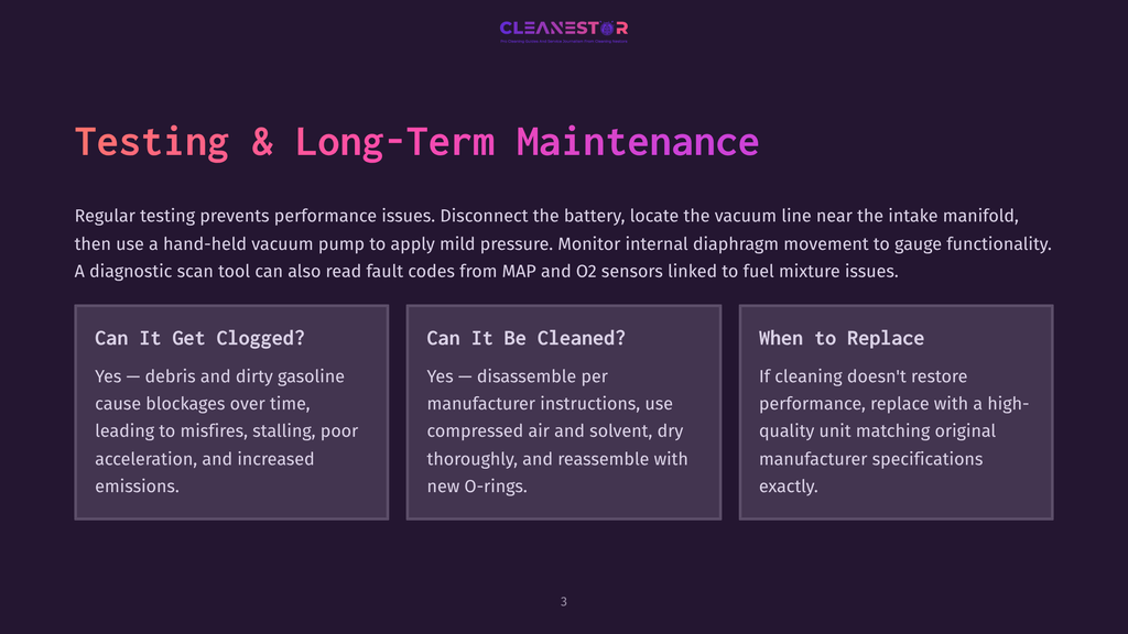 Cleanestor Logo With Text &Quot;Testing &Amp; Long-Term Maintenance&Quot; And Three Boxes Detailing &Quot;Can It Get Clogged?&Quot;, &Quot;Can It Be Cleaned?&Quot;, And &Quot;When To Replace&Quot;.