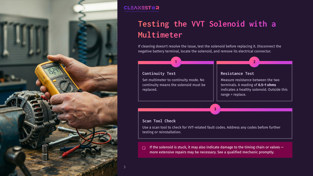 A Mechanic Tests A Vvt Solenoid With A Fluke Multimeter, Displaying 15.24V. The Image Shows The Testing Process With Tools And The Solenoid In The Foreground, With Text Overlay Detailing &Quot;Testing The Vvt Solenoid With A Multimeter&Quot;.