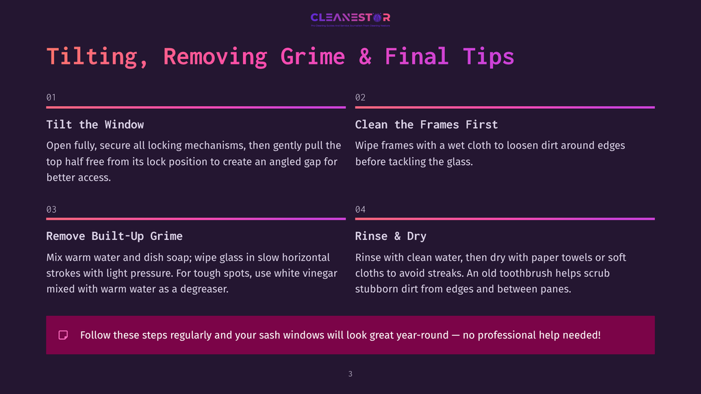 Cleanestor Window Cleaning Guide: Tilt The Window, Clean Frames, Remove Built-Up Grime, Rinse And Dry For A Streak-Free Finish.