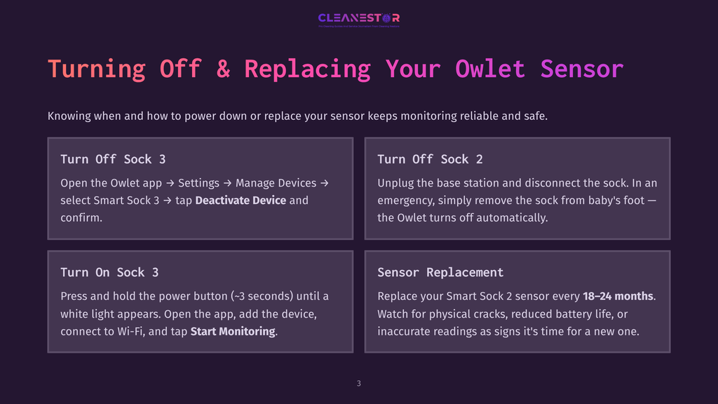 Infographic With Title &Quot;Turning Off &Amp; Replacing Your Owlet Sensor&Quot; Providing Step-By-Step Instructions For Disabling And Replacing The Owlet Smart Sock Sensor, With Text For Turn Off Sock 3, Turn Off Sock 2, Turn On Sock 3, And Sensor Replacement.