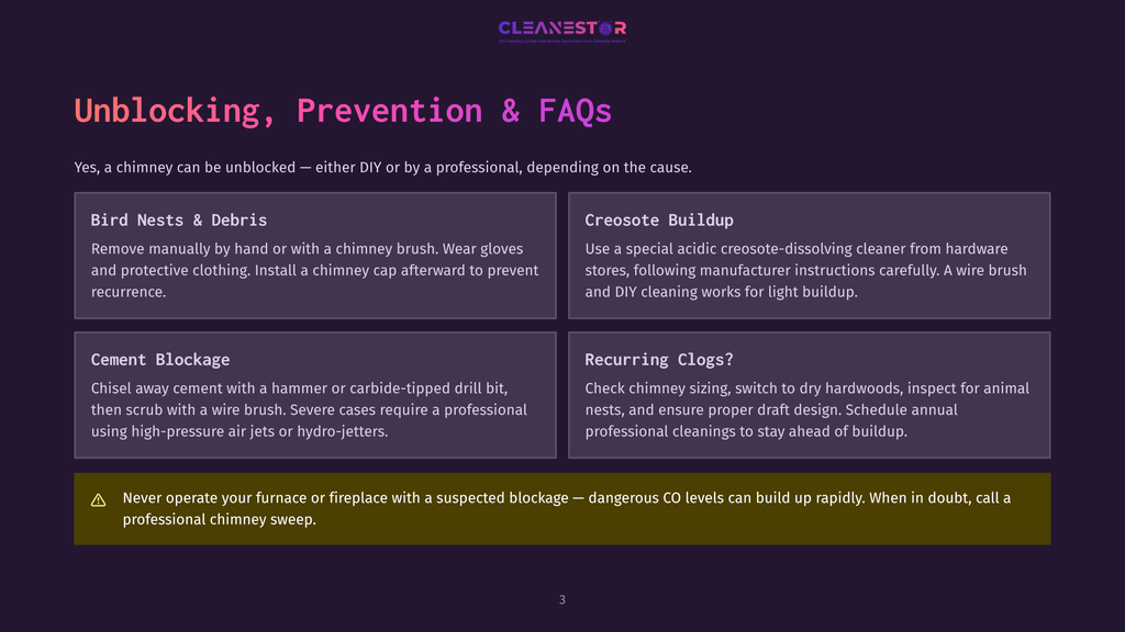 3 Unblocking Prevention And Faqs Unblocking, Prevention &Amp; Faqs: Bird Nests &Amp; Debris, Creosote Buildup, Cement Blockage, Recurring Clogs. Includes Warning About Co Levels.