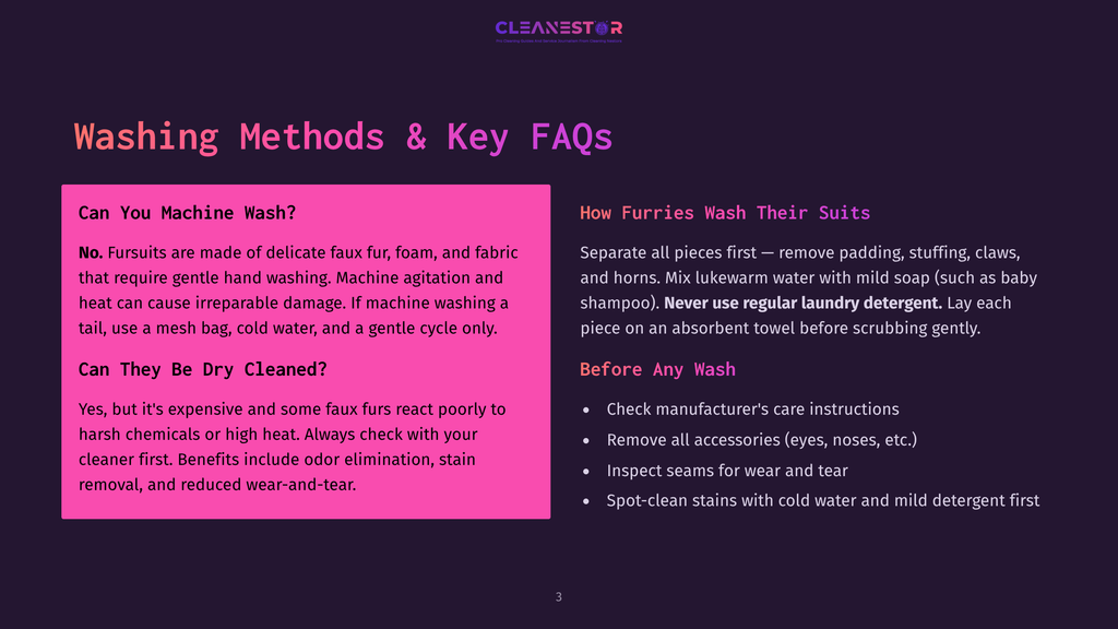 A Dark Purple Background With Bright Pink Text Boxes. The Left Box Asks &Quot;Can You Machine Wash?&Quot; And &Quot;Can They Be Dry Cleaned?&Quot;, While The Right Box Is Titled &Quot;How Furries Wash Their Suits&Quot; And Gives Washing Instructions.