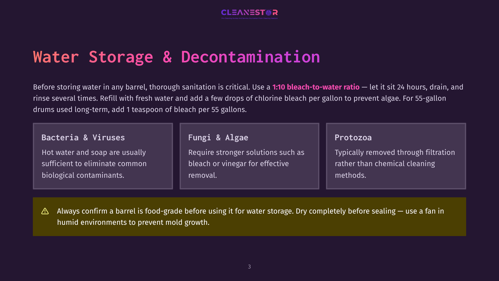 Cleanestor Graphic On Water Storage And Decontamination, Detailing Bacteria, Fungi, And Protozoa Risks, And Proper Bleach-To-Water Ratios For Sanitization.