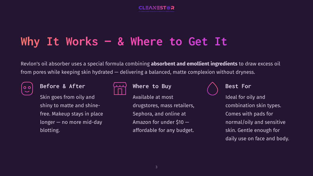 Infographic Titled &Quot;Why It Works - &Amp; Where To Get It&Quot; From Cleanestor, Detailing Benefits And Purchase Locations For An Oil Absorber With Absorbent And Emollient Ingredients.