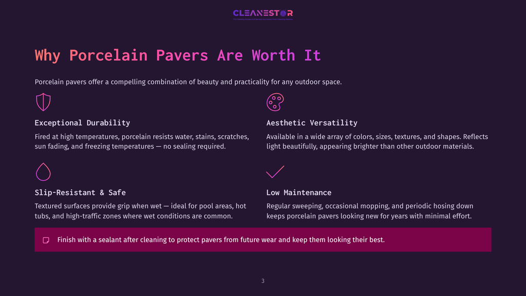 A Dark Purple Background With A White Cleanestor Logo At The Top. Text Below Reads &Quot;Why Porcelain Pavers Are Worth It&Quot;. Four Sections Detail Benefits: &Quot;Exceptional Durability&Quot;, &Quot;Slip-Resistant &Amp; Safe&Quot;, &Quot;Aesthetic Versatility&Quot;, And &Quot;Low Maintenance&Quot;. A Footer Shows The Page Number &Quot;3&Quot;.