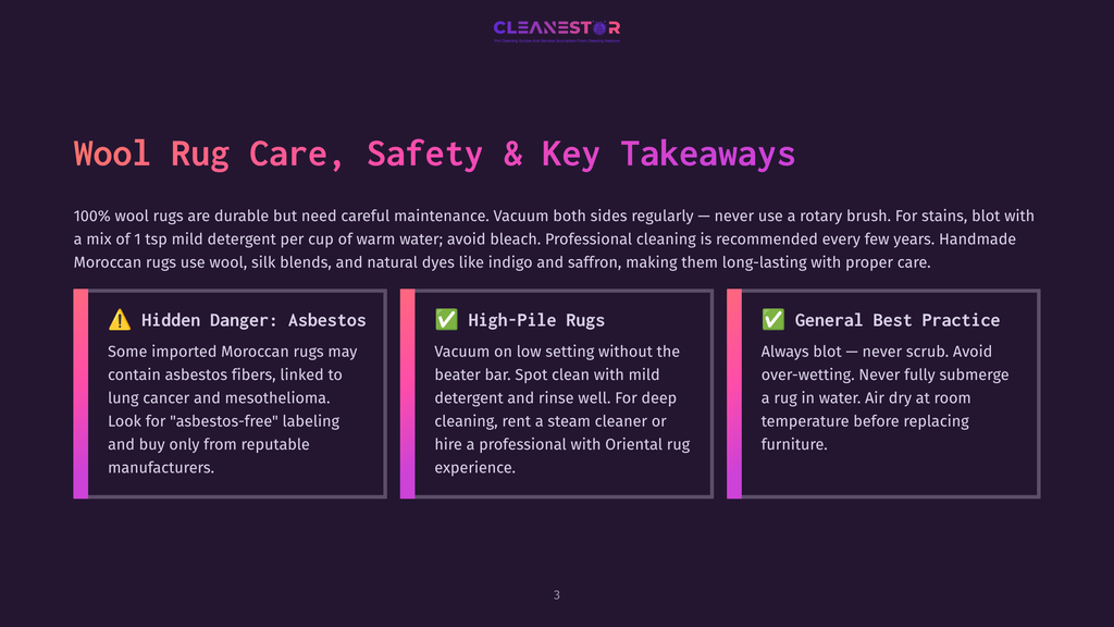Infographic On &Quot;Wool Rug Care, Safety &Amp; Key Takeaways&Quot; With Three Columns: &Quot;Hidden Danger: Asbestos&Quot; Warning About Moroccan Rugs, &Quot;High-Pile Rugs&Quot; With Cleaning Tips, And &Quot;General Best Practice&Quot; For Rug Maintenance.