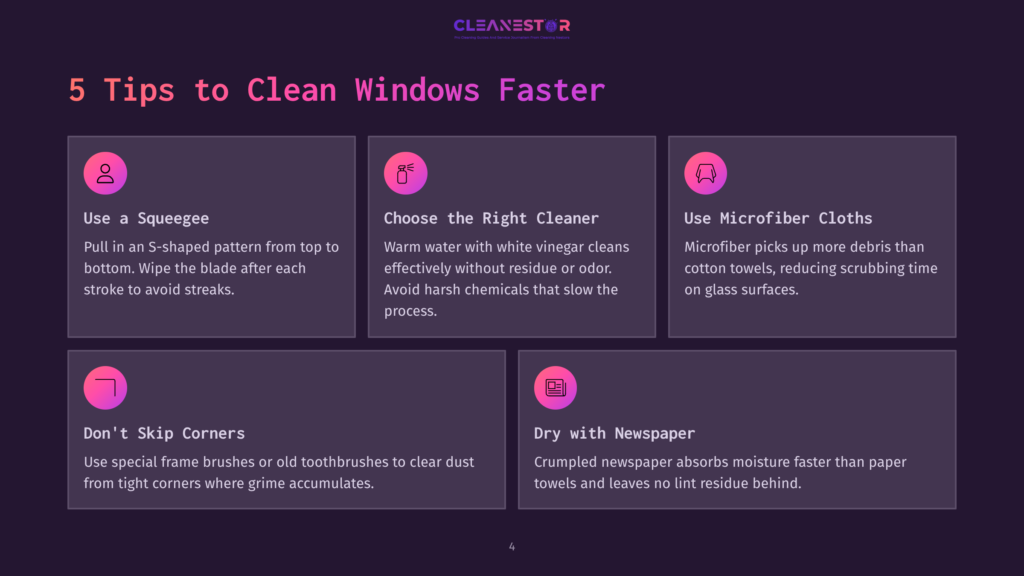 4 5 Tips To Clean Windows Faster Infographic Titled &Quot;5 Tips To Clean Windows Faster&Quot; With Icons And Text For Each Tip: Use A Squeegee, Choose The Right Cleaner, Use Microfiber Cloths, Don'T Skip Corners, And Dry With Newspaper.