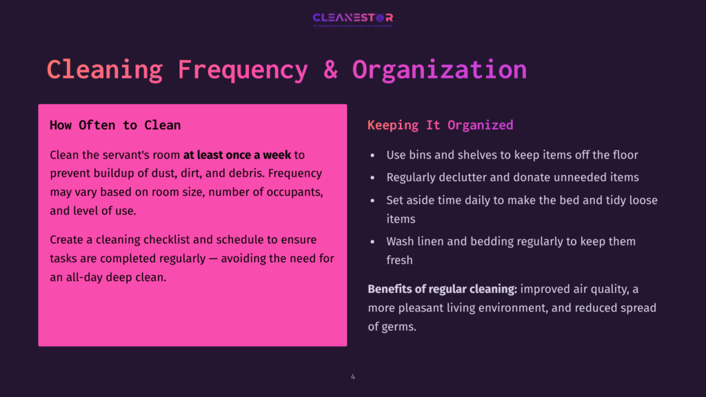 Slide Titled &Quot;Cleaning Frequency &Amp; Organization&Quot; With Text About How Often To Clean And Keeping Things Organized, Featuring The Cleanestor Logo.
