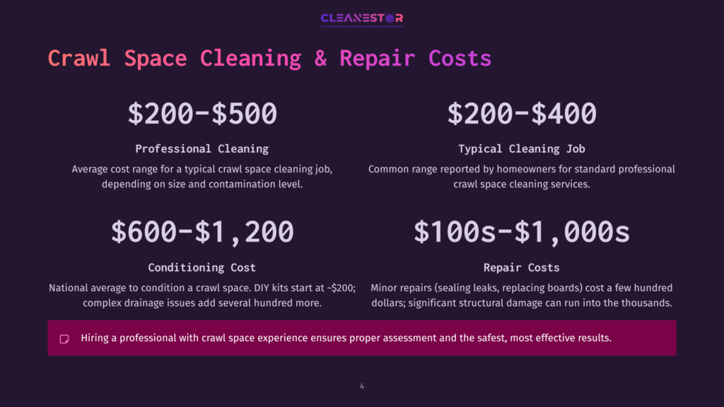 Crawl Space Cleaning And Repair Costs Are Broken Down Into Four Price Ranges: $200-$500 For Professional Cleaning, $200-$400 For Typical Cleaning Jobs, $600-$1,200 For Conditioning, And $100S-$1,000S For Repairs. The Image Also States That Hiring A Professional Ensures Proper Assessment And Safest, Most Effective Results.