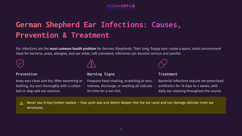 German Shepherd Ear Infection Causes, Prevention, And Treatment Infographic: Includes Icons For Prevention, Warning Signs, And Treatment, With Text Detailing Symptoms And Care.