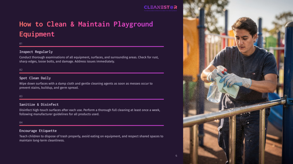 A Young Man In Blue Gloves Sanitizes Playground Equipment With A Spray Bottle And Cloth, Demonstrating Playground Safety And Maintenance.