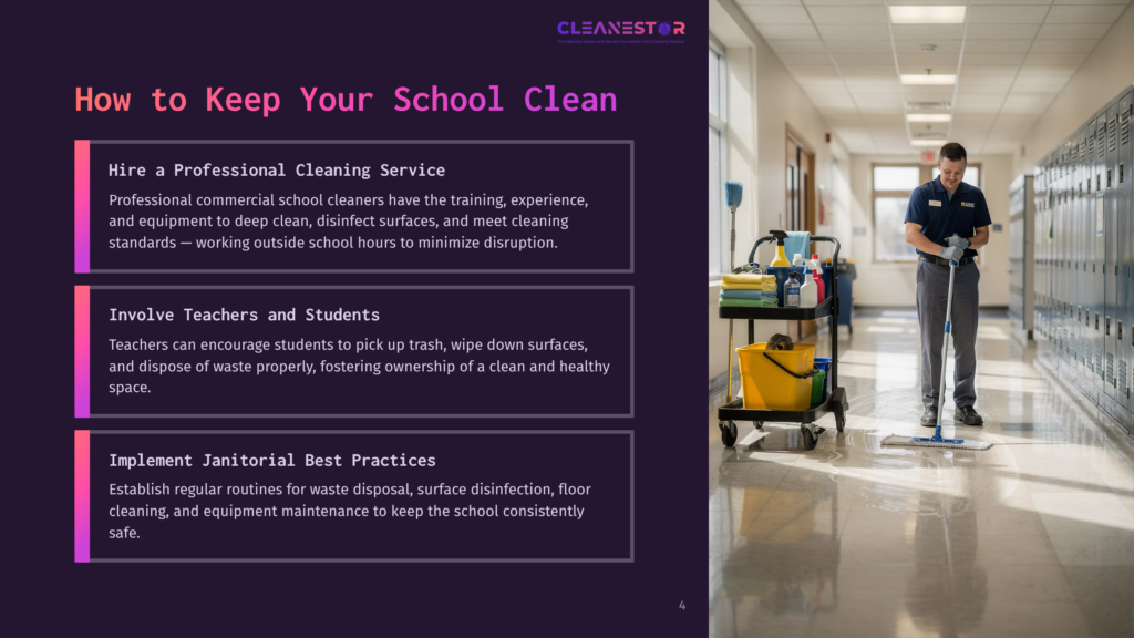 A Janitor In A Blue Uniform Mops A Polished School Hallway, With Lockers Lining The Right Side Of The Image. Text Overlay: &Quot;Cleanestor How To Keep Your School Clean&Quot;.