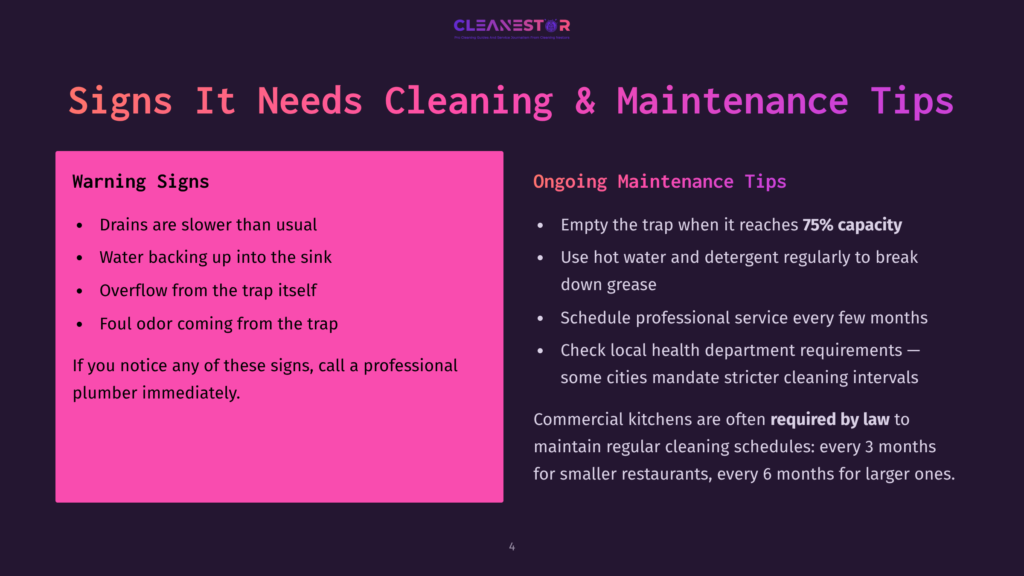 4 Signs It Needs Cleaning And Maintenance Tips Slide Titled &Quot;Signs It Needs Cleaning &Amp; Maintenance Tips&Quot; Listing Warning Signs Like Slow Drains And Overflow, And Ongoing Maintenance Tips Like Emptying The Trap When It Reaches 75% Capacity.