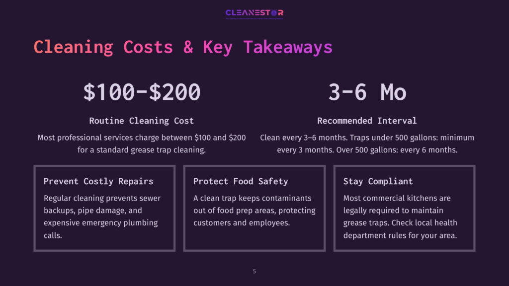 5 Cleaning Costs And Key Takeaways Infographic Detailing Cleaning Costs And Takeaways. Features Text About Routine Cleaning Costs ($100-$200), Recommended Intervals (3-6 Months), And Benefits Like Preventing Costly Repairs, Protecting Food Safety, And Staying Compliant With Department Rules.