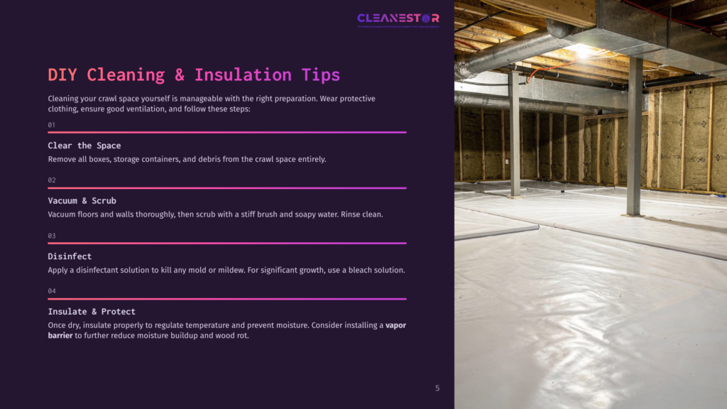 Diy Crawl Space Cleaning And Insulation Tips. Steps Include Clearing The Space, Vacuuming And Scrubbing, Disinfecting With Bleach Solution, And Insulating With Vapor Barrier.