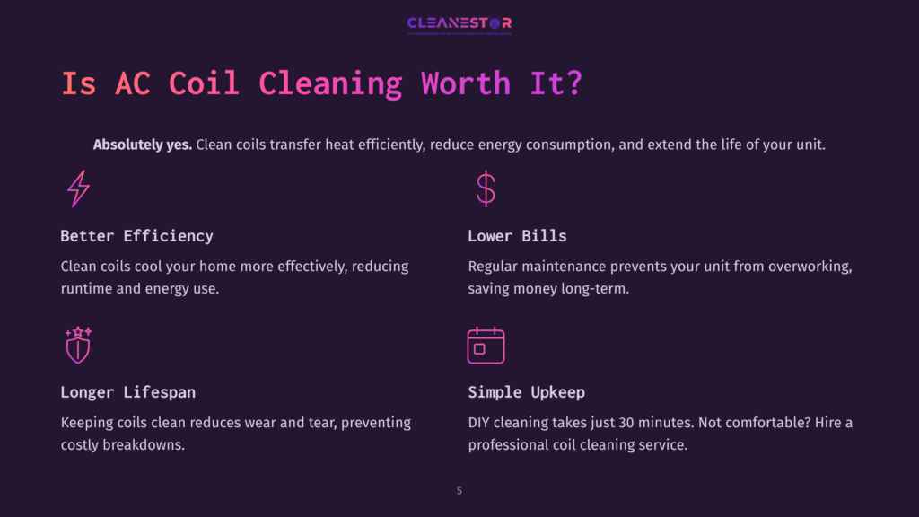 5 Is Ac Coil Cleaning Worth It Infographic Comparing Ac Coil Cleaning Benefits: &Quot;Is Ac Coil Cleaning Worth It?&Quot;. Highlights Include Better Efficiency, Lower Bills, Longer Lifespan, And Simple Upkeep, With Icons Representing Lightning, Dollar Sign, Star, And Calendar.