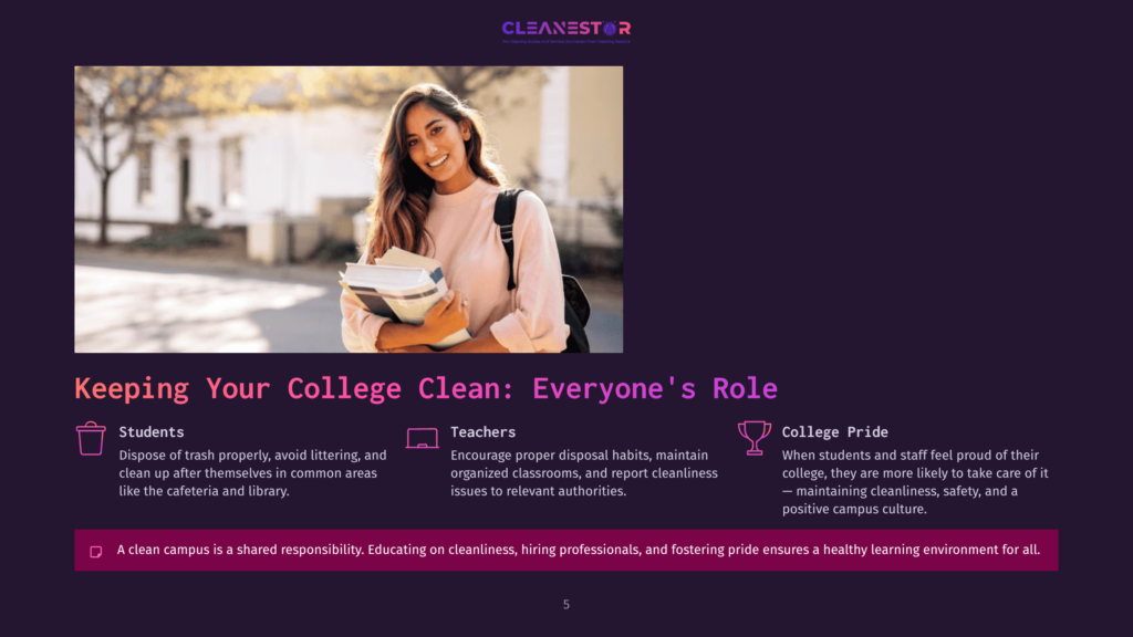 A Smiling Young Woman With Brown Hair Carries Books And A Backpack On A College Campus, Embodying The Spirit Of Keeping Your College Clean.