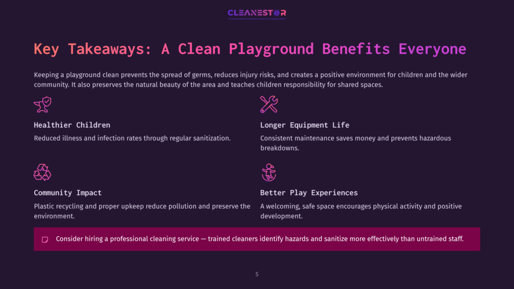 A Dark Purple Background With The Cleanestor Logo At The Top And &Quot;Key Takeaways: A Clean Playground Benefits Everyone&Quot; In Large White Text. Below Are Four Benefits With Icons: Healthier Children, Longer Equipment Life, Community Impact, And Better Play Experiences. The Bottom Has A Green Bar With A Quote About Professional Cleaning Services.