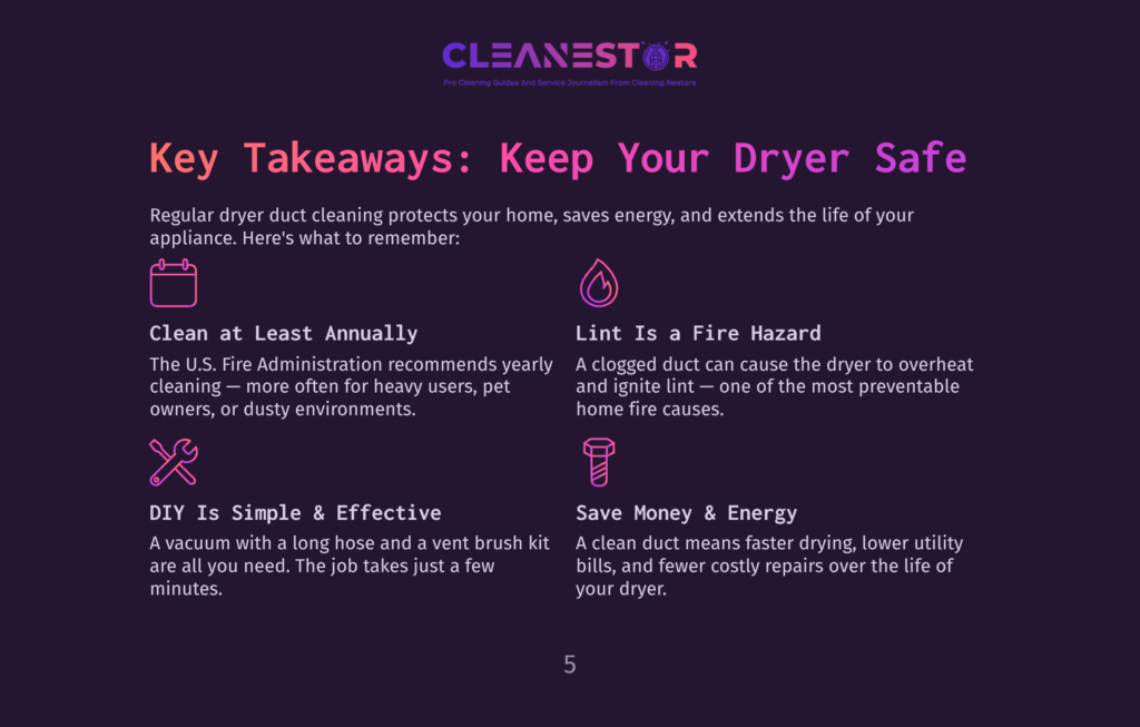 Infographic Titled &Quot;Key Takeaways: Keep Your Dryer Safe,&Quot; Detailing Dryer Vent Cleaning Importance With Icons For Annual Cleaning, Fire Hazard, Diy Simplicity, And Energy Savings.