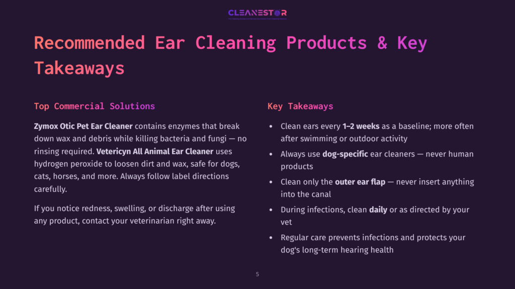 Slide Titled &Quot;Recommended Ear Cleaning Products &Amp; Key Takeaways&Quot; With Text Covering Top Commercial Solutions Like Zymox And Vetricyn, And Key Takeaways For Dog Ear Cleaning.