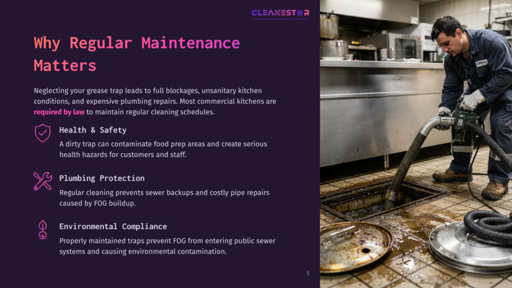 A Man In A Blue Uniform Uses A Hose To Empty A Greasy Drain In A Commercial Kitchen. The Image Highlights The Importance Of Regular Maintenance For Plumbing And Environmental Compliance.
