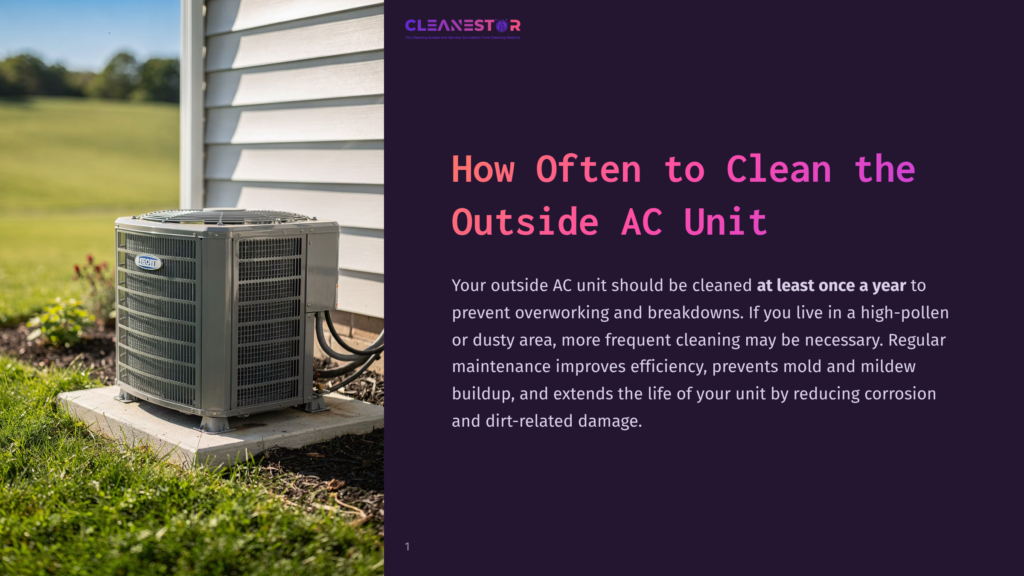 A Clean, Outdoor Ac Unit Sits On A Concrete Pad Next To A White Vinyl-Sided House, Surrounded By Green Grass And A Blurry Background Of Trees And A Fence. The Cleanestor Logo Is Visible On The Ac Unit.