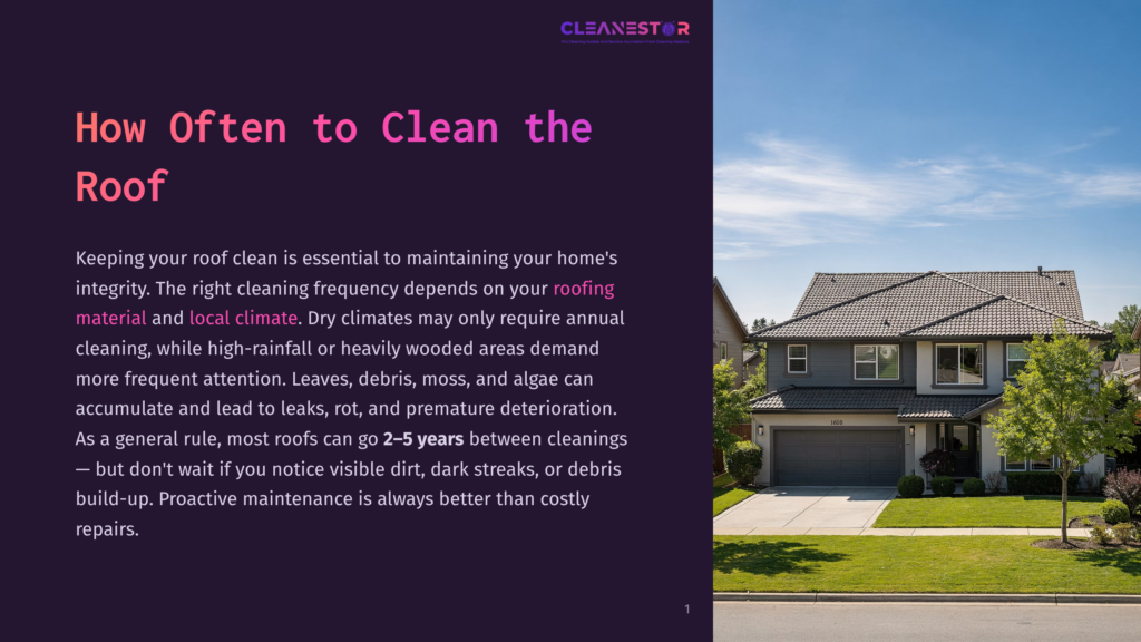 A Modern Two-Story Gray House With A Clean Roof, Manicured Lawn, And Mature Trees On A Sunny Day. The Text &Quot;Cleanestor&Quot; And &Quot;How Often To Clean The Roof&Quot; Are Visible.