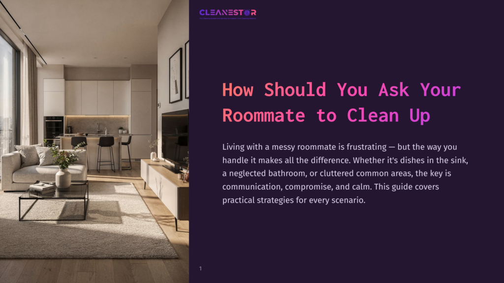 Modern Living Room With A Large Window, A White Sofa, And A Sleek Entertainment Center. Text Overlay: &Quot;How Should You Ask Your Roommate To Clean Up&Quot;.