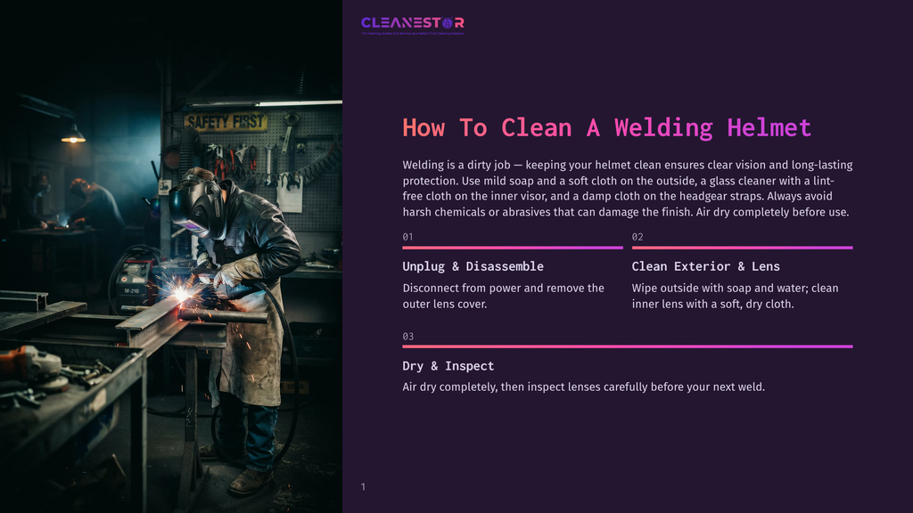 Welder Working On Metal With Sparks Flying, Wearing A Welding Helmet And Protective Gear. &Quot;Cleanestor&Quot; Logo And &Quot;How To Clean A Welding Helmet&Quot; Text Visible.